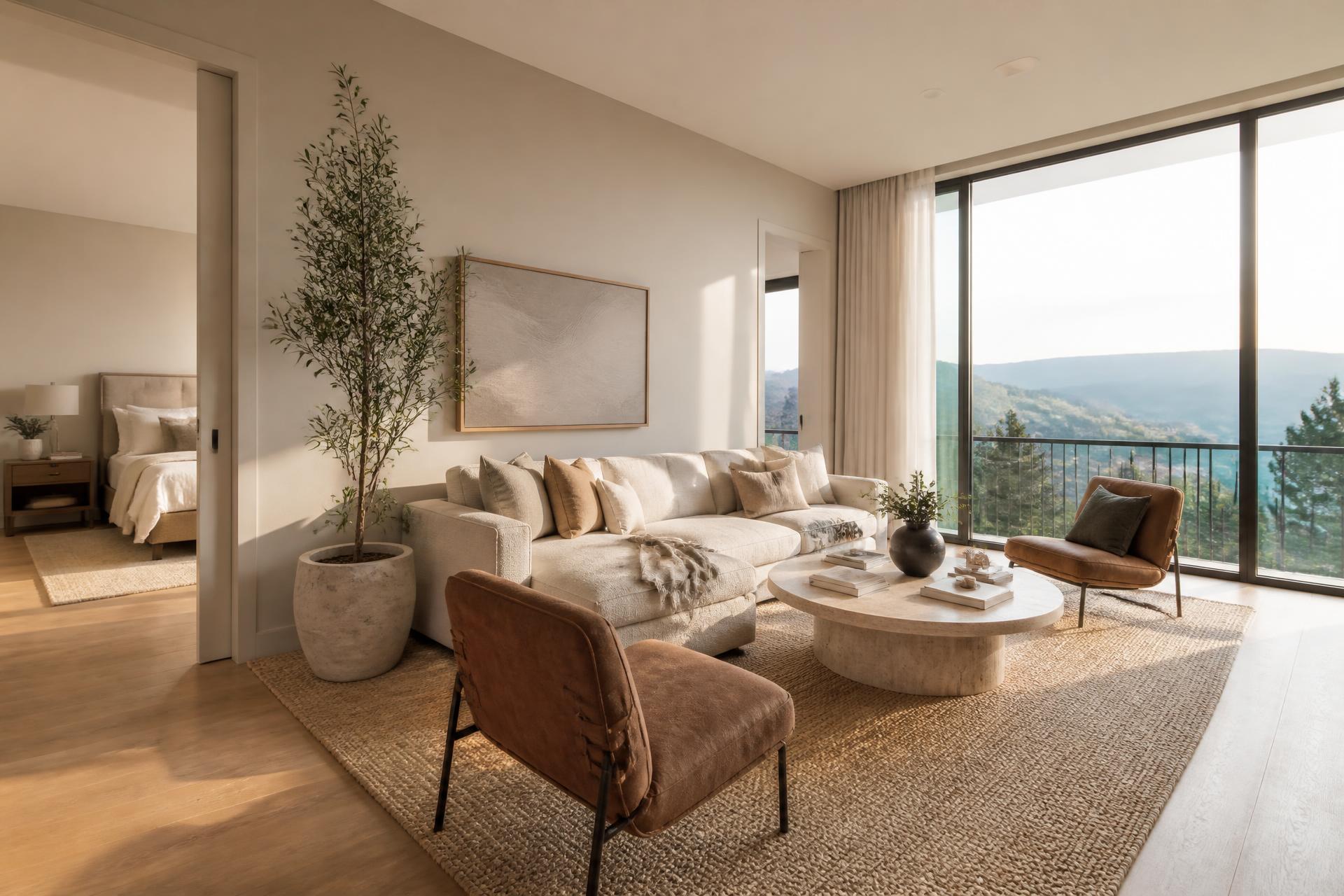 Sunlit modern living room in a luxury furnished rental